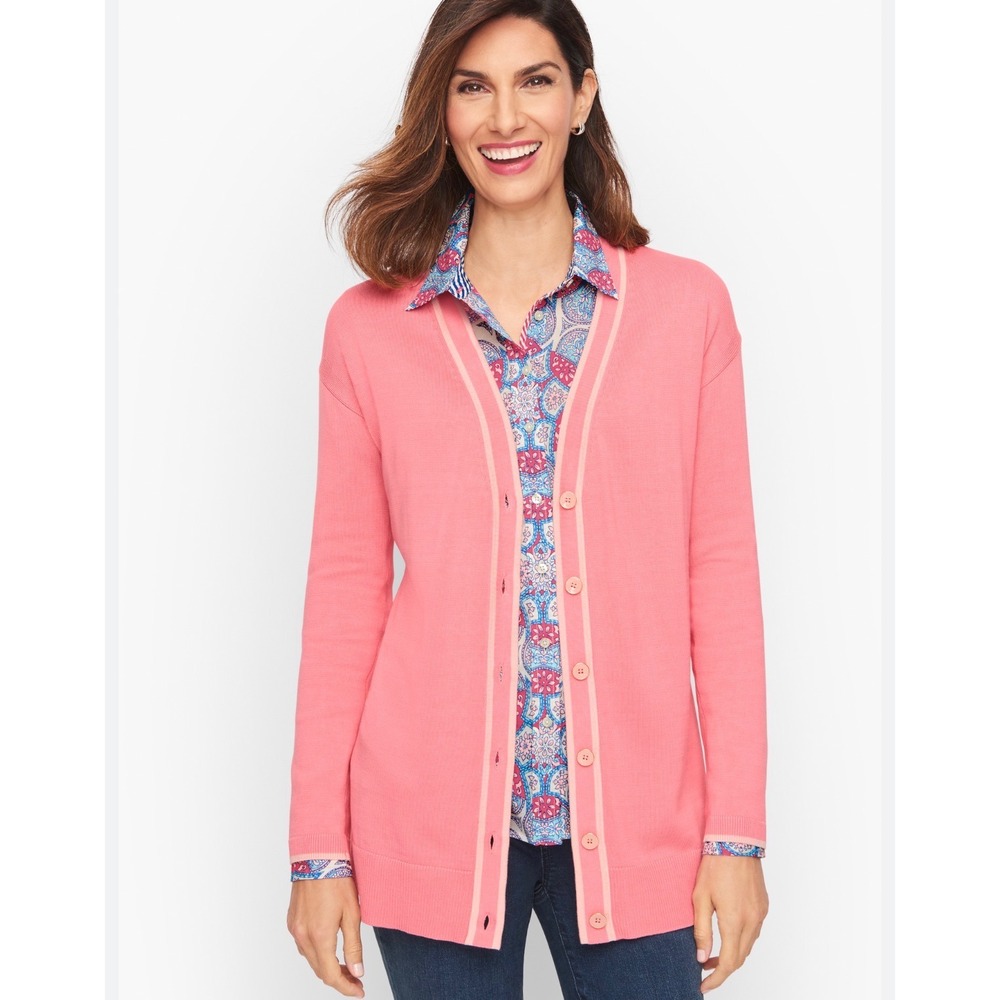 Talbots Girlfriend Cardigan Tipped Pink V-Neck Button Front Size XS